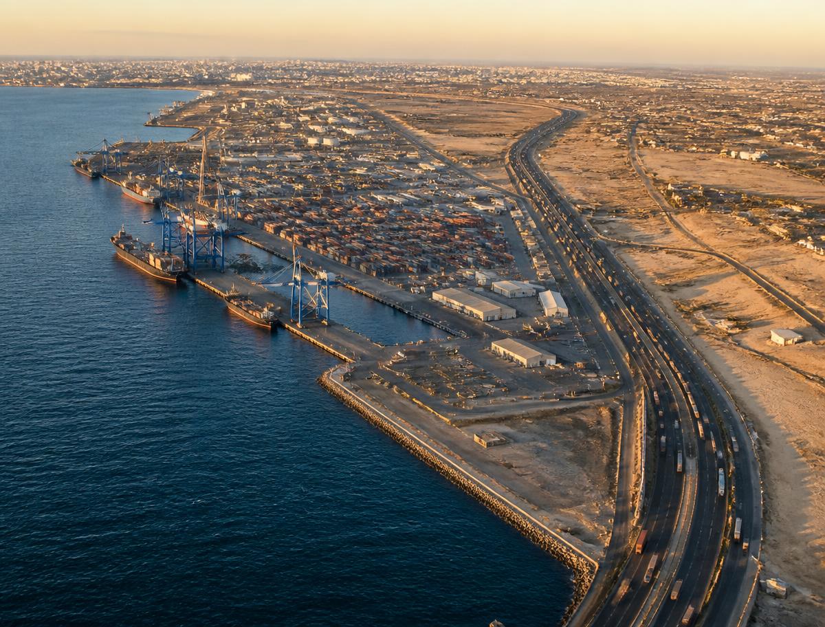 African port and logistics corridor from above